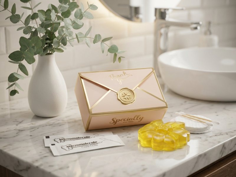 Pink gift box with dental floss and cotton pads on a marble counter beside eucalyptus
