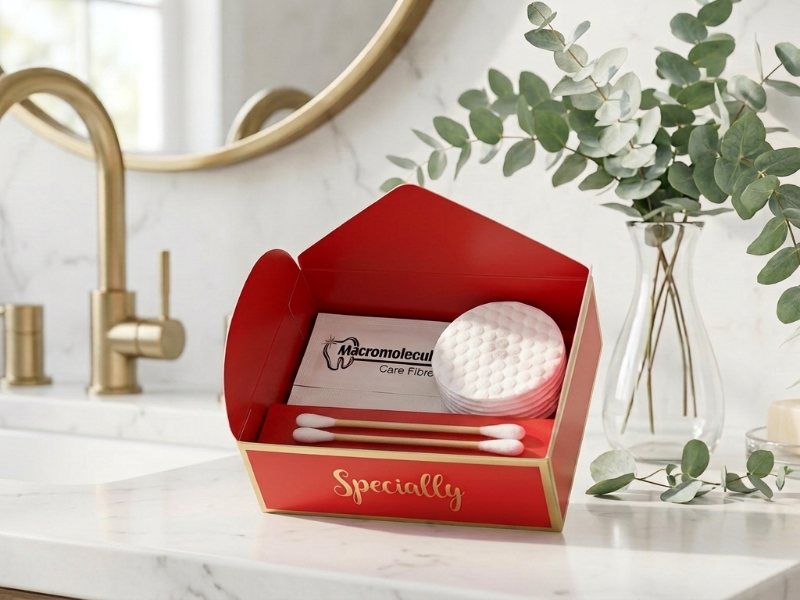 An open red thank-you box holding cotton pads and swabs on a marble vanity