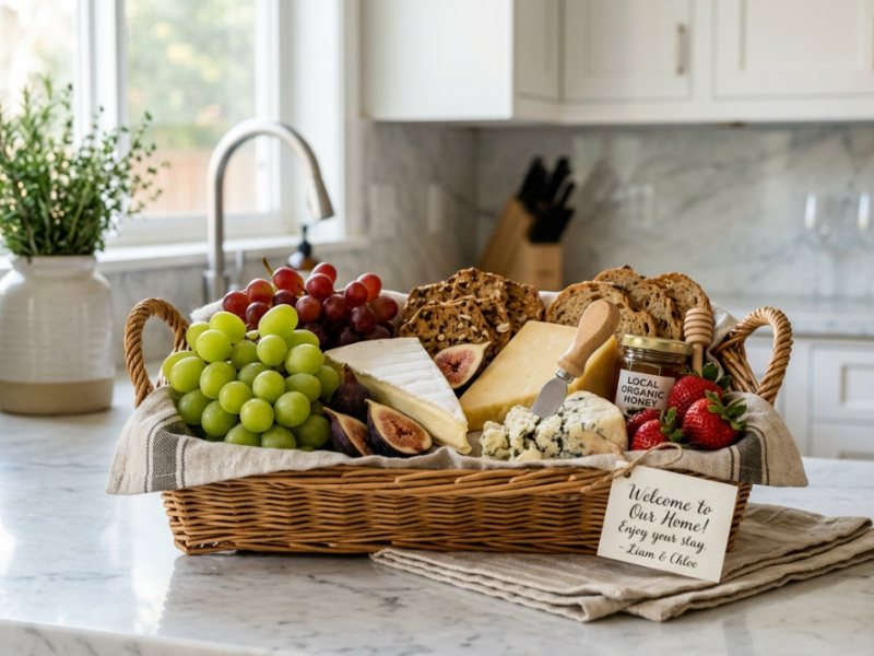 Cheese, fruit and bread arranged in a basket on a kitchen counter with a welcome note